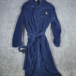 Polo Ralph Lauren Mens Plush Microfiber Robe Navy Blue Gold Pony Size Small S